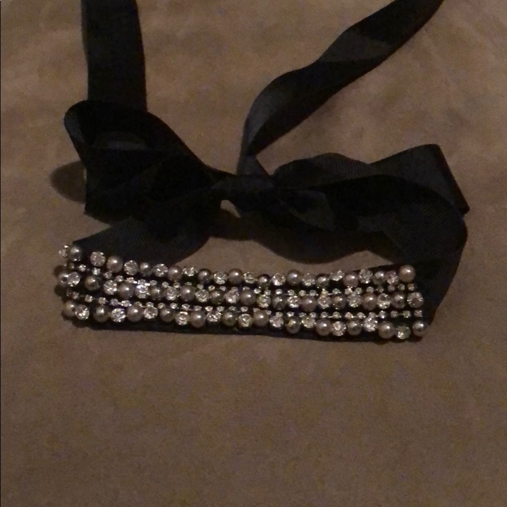 Silver/Rhinestone Beading on Black Ribbon Choker